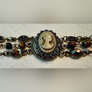 Vintage Viking Cameo Bracelet Brown Stones Gems Three Strands Helm of Awe Charm